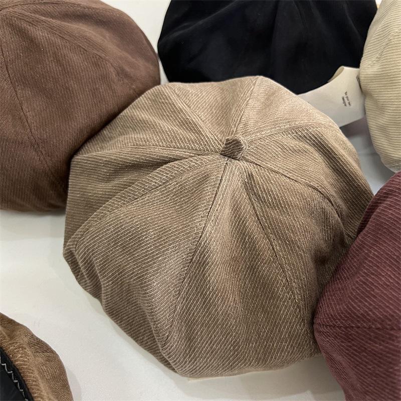 Autumn and winter corduroy black beret women's big head circumference bud hat showing face small painter hat pumpkin hat