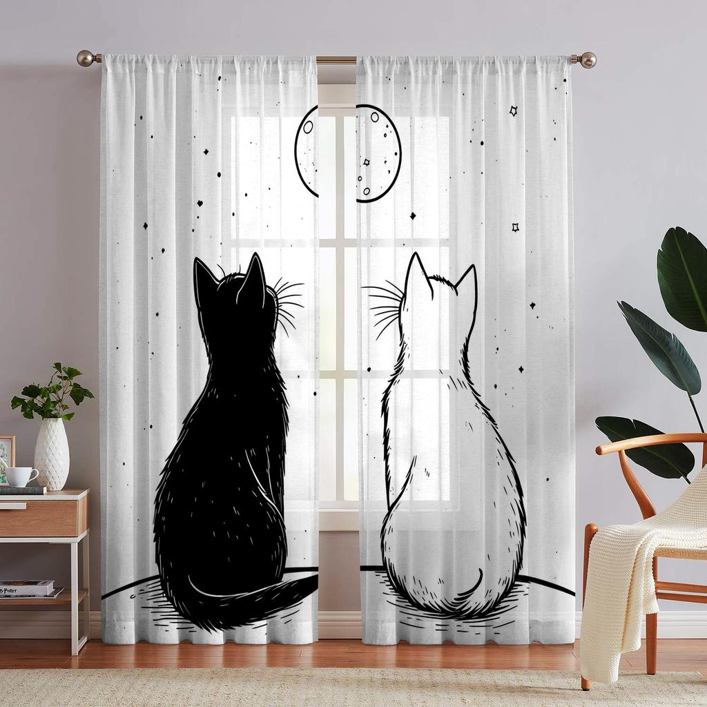 2 Pieces Hd Digital Black And White Kitten Printed Window Screen Home Decor Style Decoration Living Room Window Curtain