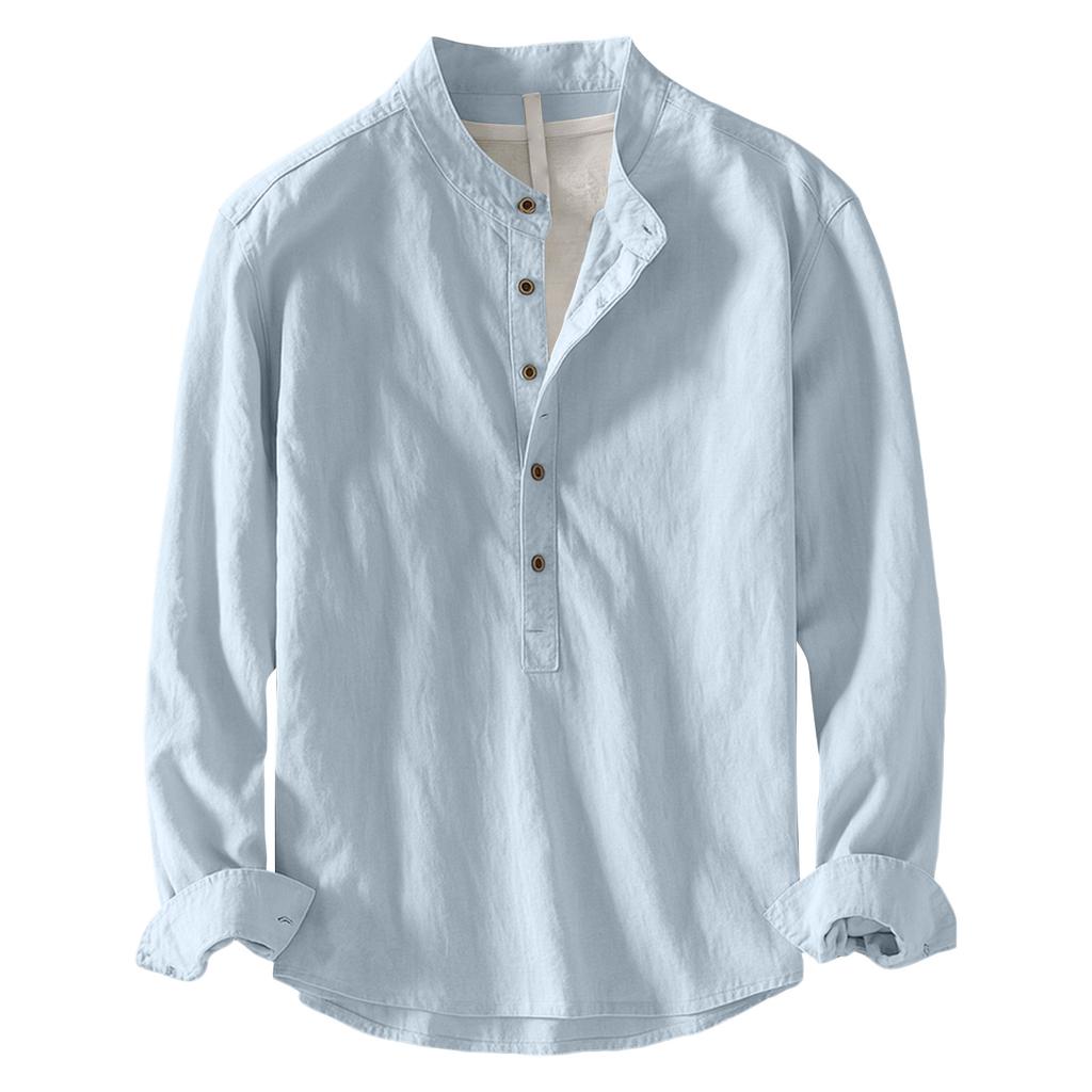 Men's Long Sleeve Slub Linen Pullover Shirt Casual Buttonless Top for Spring and Fall