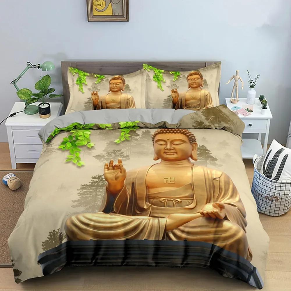 Buddha Duvet Cover Set Microfiber Buddha Statue Exotic Ethnic Bohemian Bedding Set for Buddhist Devotees Double Queen King Size
