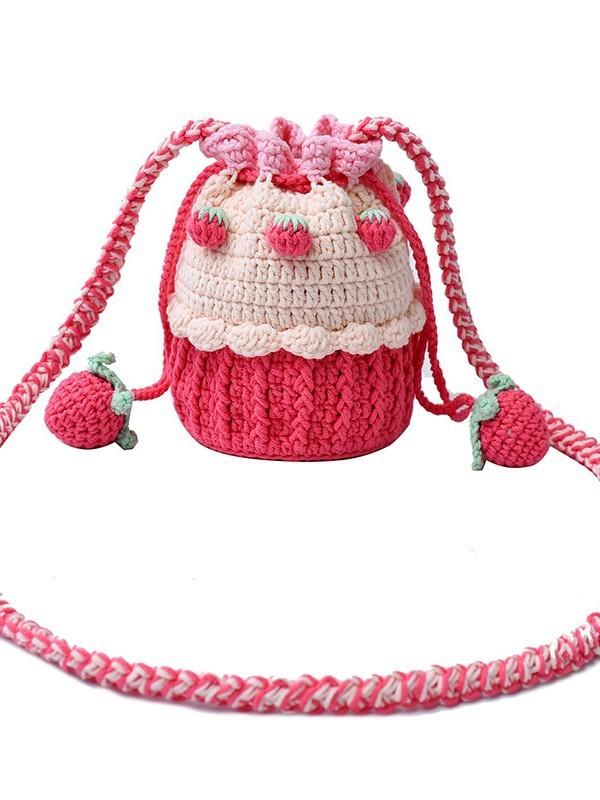 Knitted Wool Mini Bucket Bag With Phone Pocket For Daily Casual Use