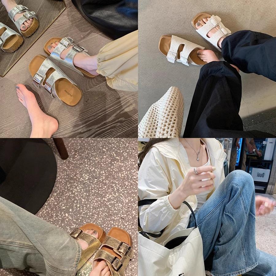 Cowhide Version~ Lazy One-pedal Double-breasted Beach Thick-bottomed Cool Slippers for Women's Summer Wear