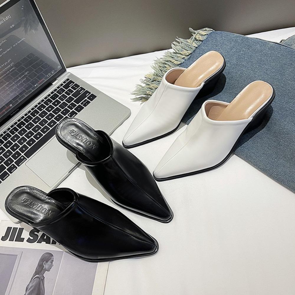 2026 European American Baotou Half Women's Soft Leather Slope Heel High Cool Fashion Outwear Thick Lazy Muller Shoes