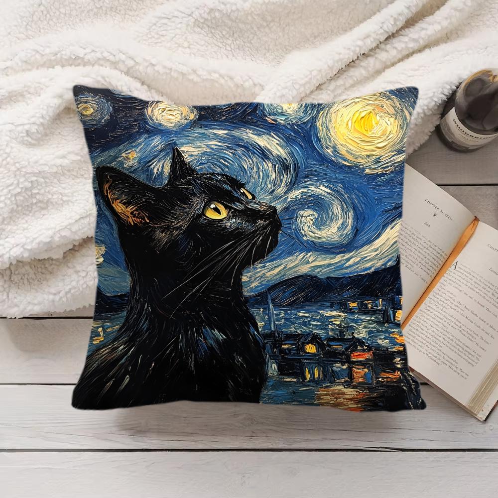 Van Gogh Starry Night Cat Cushion Cover Silky Short Plush Invisible Zipper Dustproof Sofa Pillow Case for Home Decor