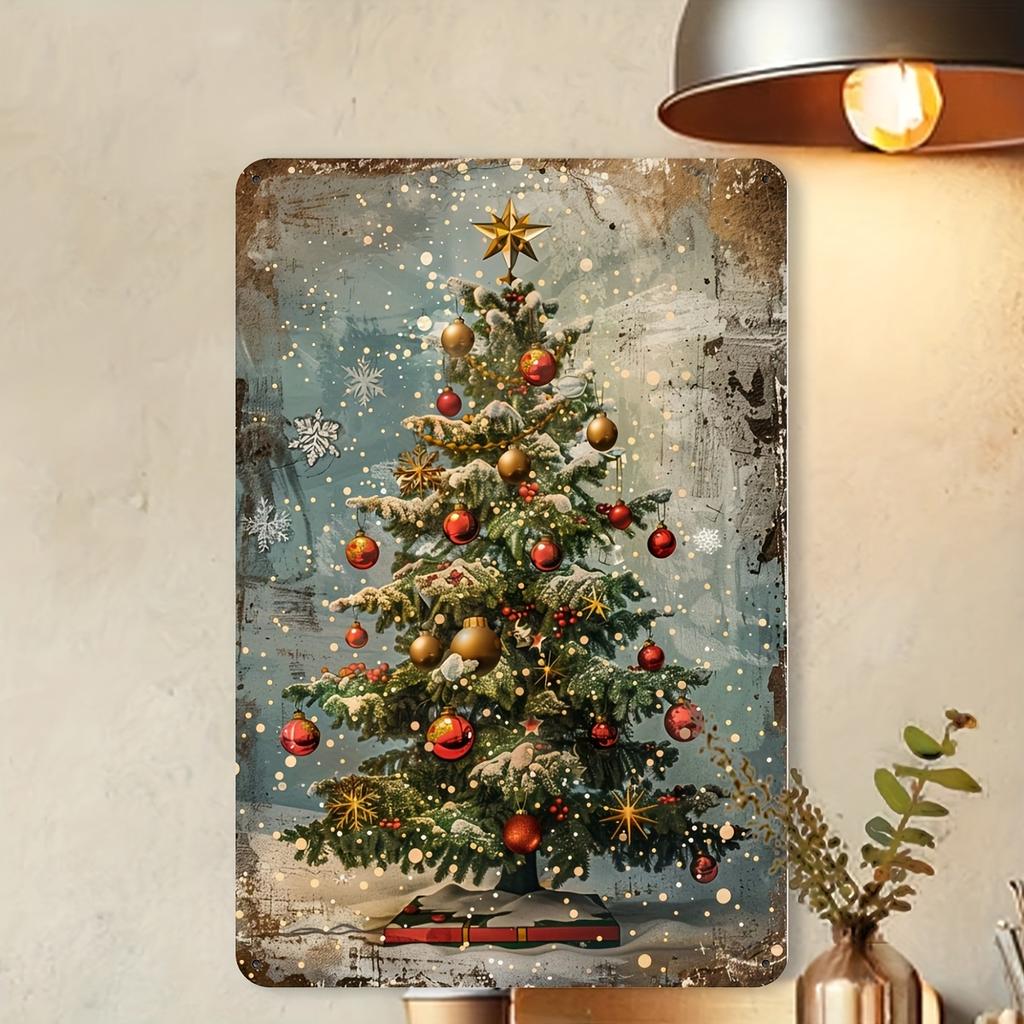 1pc Vintage Christmas Tree Metal Tin Sign - Rustic Wall-Mounted Decoration with Pre-Drilled Holes, Durable Iron Tree Shape Sign