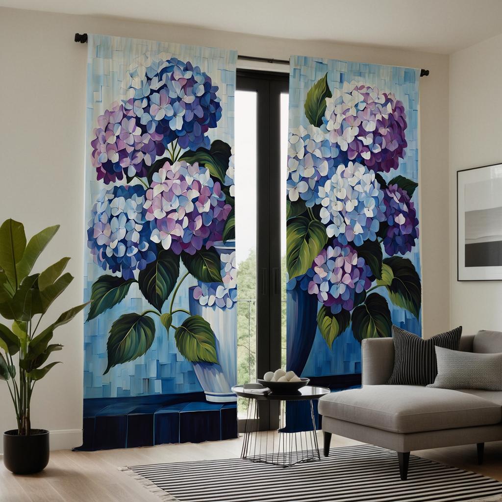 2pcs HD Decorative Curtain Blue Purple Hydrangea Blue Tie Digital Printed Curtain Home Decor Style Decorate Living Room Bedro