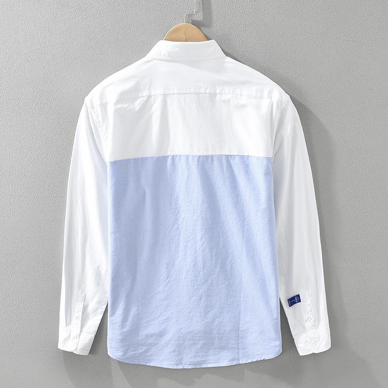 Langarmhemd für Herren im koreanischen Stil Frühling/Herbst Reine Baumwolle Lässige Oberteile Neue Mode Herrenbekleidung Patchworkhemd Jugend
