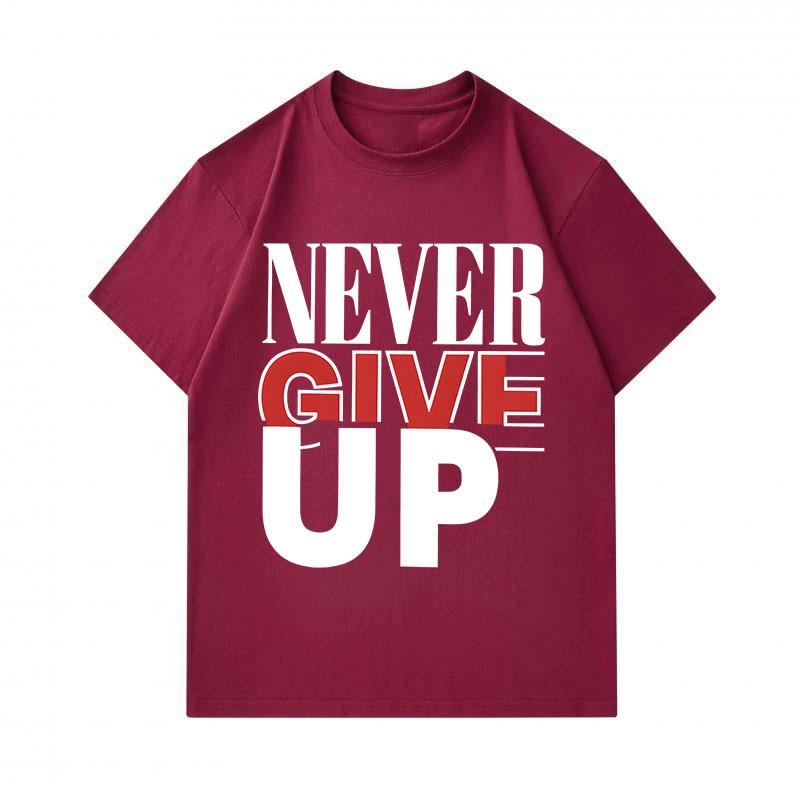 Men's 100% Cotton Crew Neck Short Sleeve T-Shirt, Never Give Up Inspirational Letter Print Casual Soft Breathable Regular Fit Summer Tee for Daily Wea