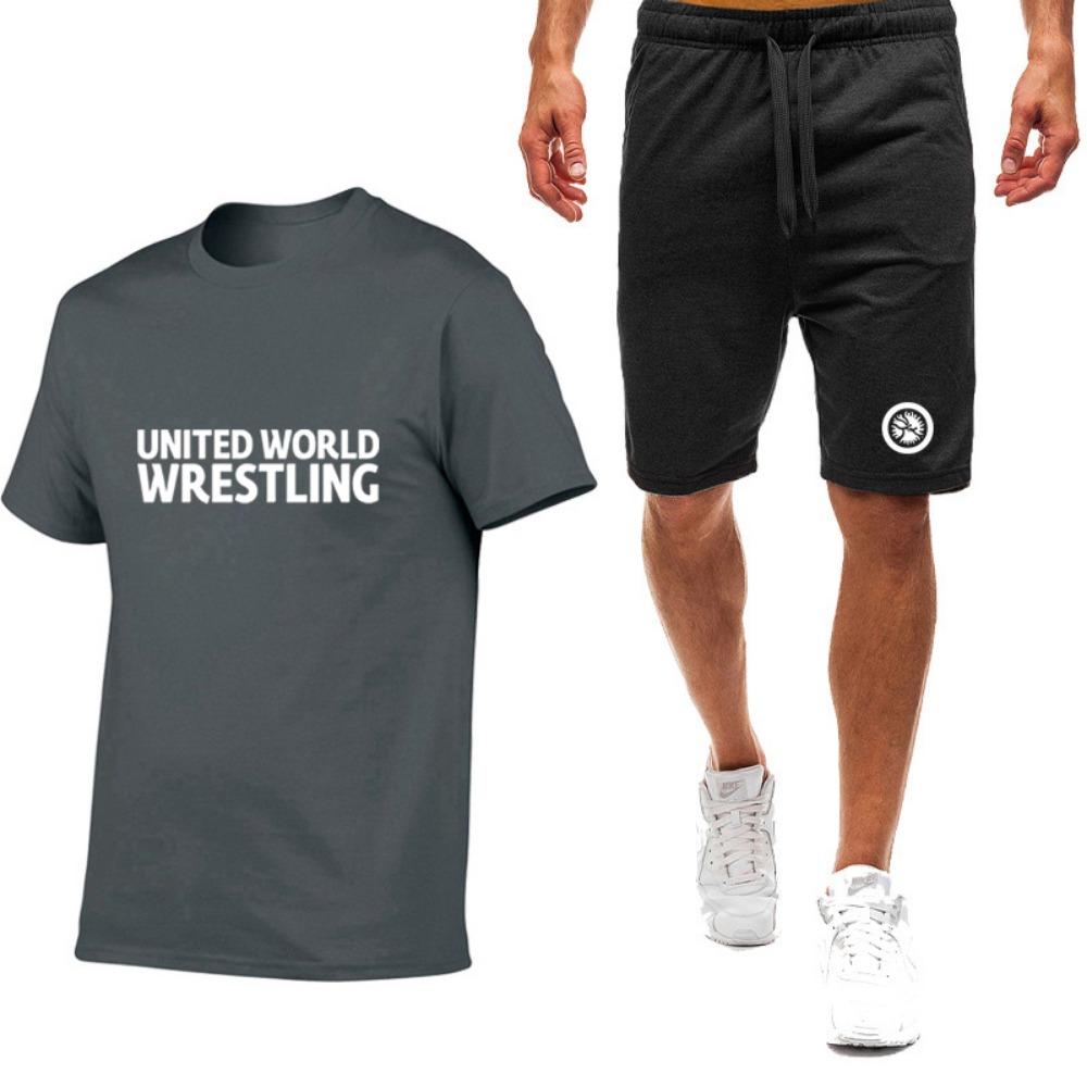 Summer Men's World Wrestling Federation Logo Printed Solid Color Daily Multi Functional Comfortable T-shirt Pants Sports Set