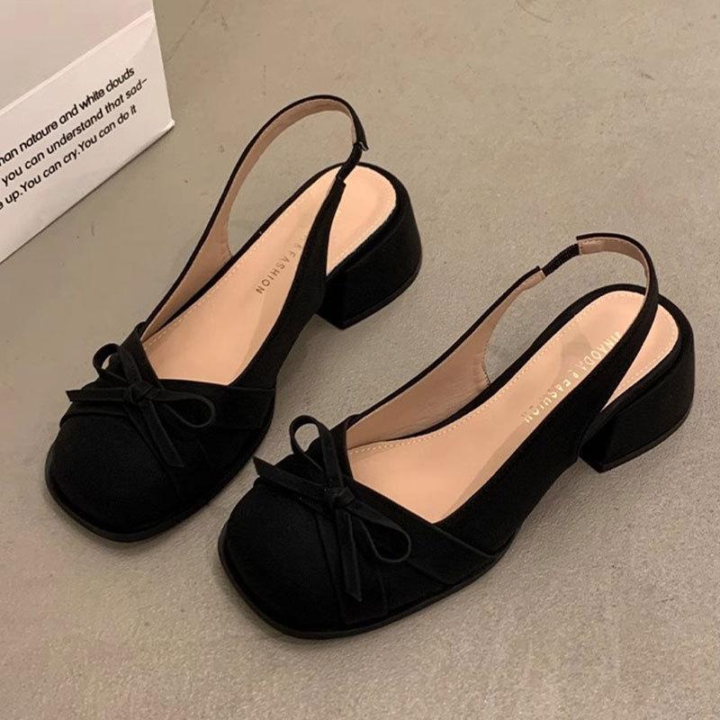 French Bow Bag Head Sandals Women's Summer New with Skirt Temperament Medium Heel Single Shoes Thick Heel High Heels