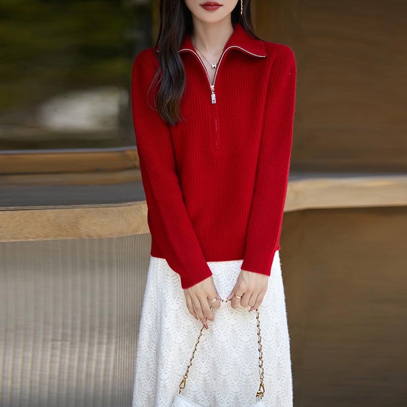 Women's Half-Zip Pure Wool Sweater - Stylish Loose-Fit Autumn Knit Top