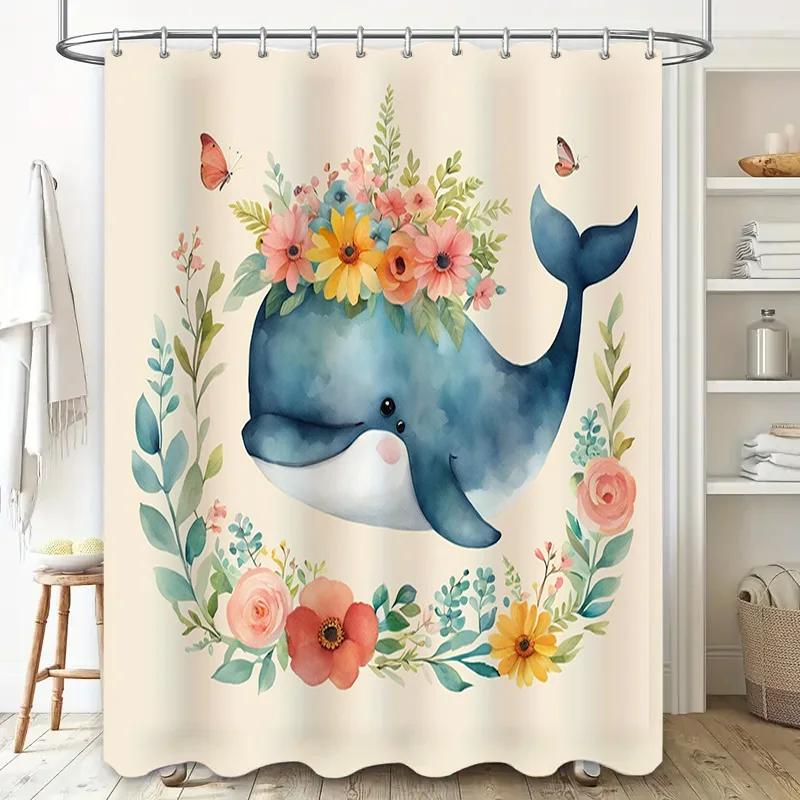 Blue Whale Shower CurtainFloral Butterfly Design for Bathroom Decoration Watercolor Blue Whale Bathing Room Curtain with Orange
