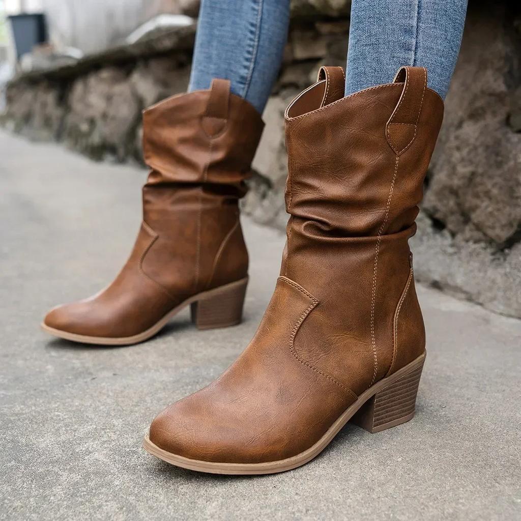 Western Cowboy Boots for Women Autumn Winter Retro Pointed Toe Thick Heels Ruffled PU Leather Mid-Calf Boots Woman Plus Size