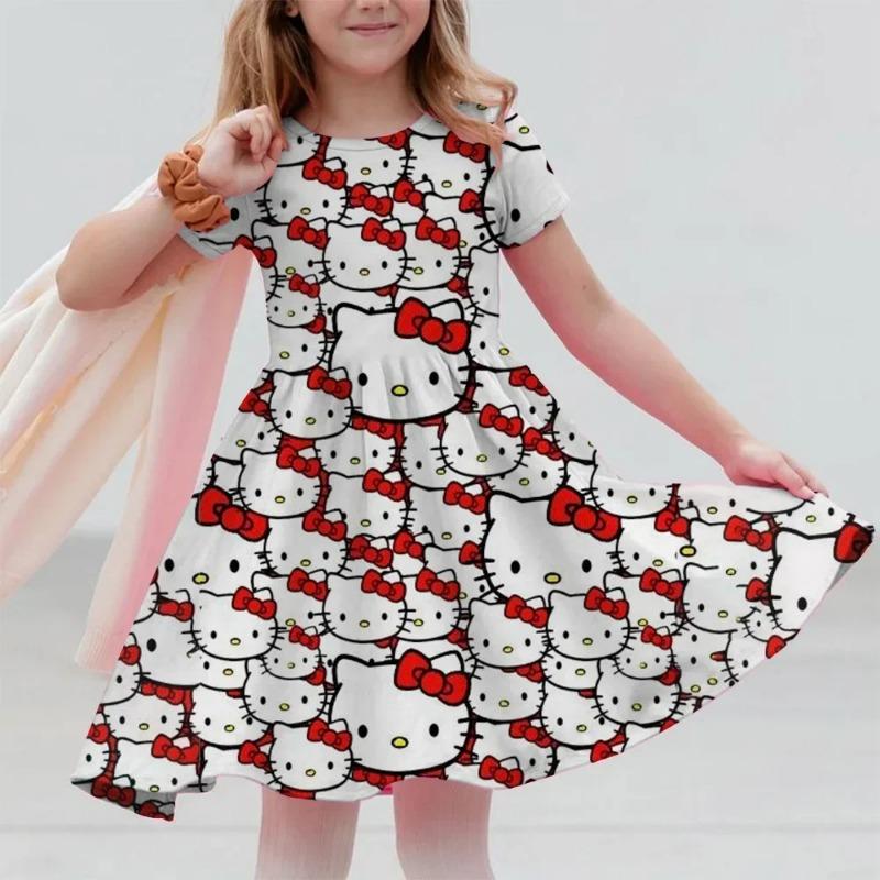Sanrio 2026New Girls Summer Dress Fashion Cartoon Cute Hello Kitty 3DPrint Dresses Girl Short Sleeve Princess Vacation Clothing