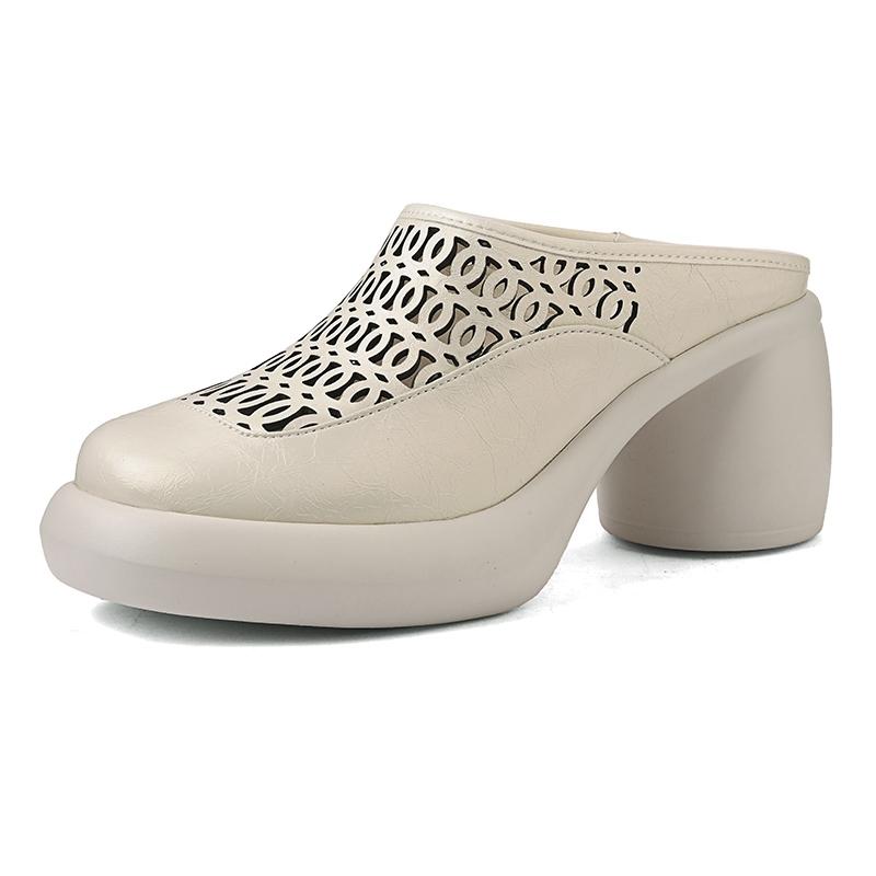 Mode Damen neue Leder Rindsleder Sommer dicke Sohle wasserdicht Plateau High Heels dicke Absätze atmungsaktiv hohle Zehe Mueller Sandalen