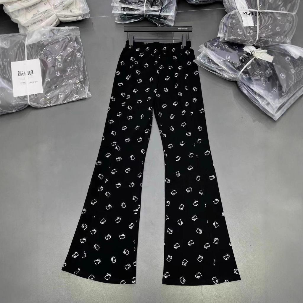 High Waist Blue Smiley Micro Flare Wide Leg Pants for Women - Slimming, Floor-Length, Spring/Autumn, Straight Loose Fit