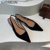 Fashion SUOJIALUN 2024 Autumn Women Sandal Shoes Fashion Pointed Toe Shallow Slip On Slingback Sandal Thin Med Heel Ladies Elegant Pumps