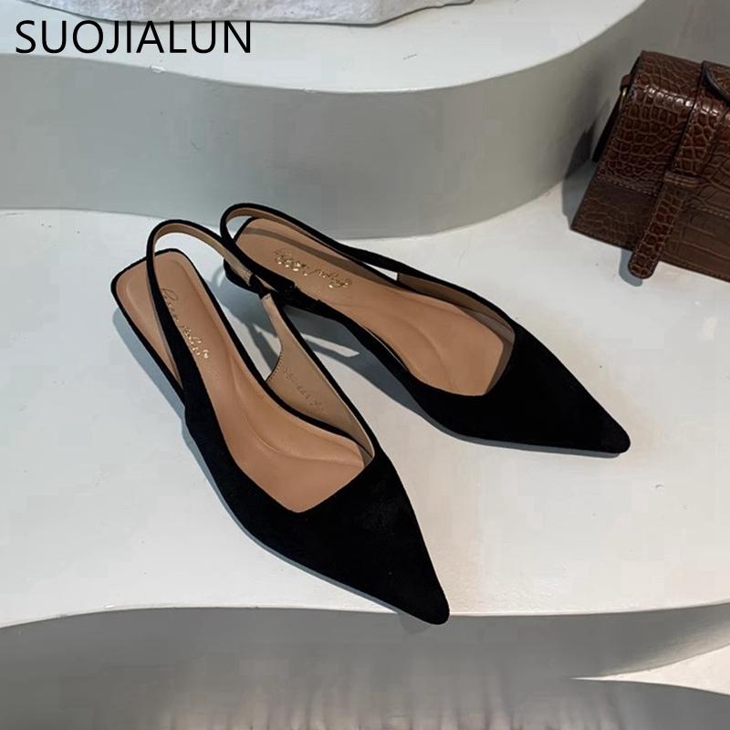 Fashion SUOJIALUN 2024 Autumn Women Sandal Shoes Fashion Pointed Toe Shallow Slip On Slingback Sandal Thin Med Heel Ladies Elegant Pumps