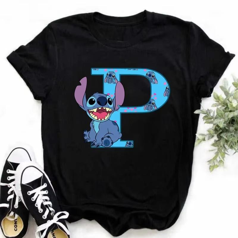 T-shirt pour femme Alphabet A-Z Kawaii Dessin Animé Imprimé Manches Courtes T-shirt Femme Disney Été Décontracté Vêtements Dessin Animé T-shirt