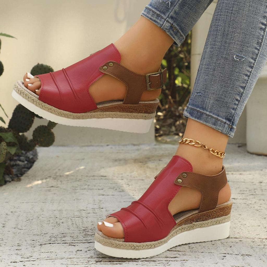Plus Size Wedge Heel Peep Toe Sandals - Women's Summer Buckle Beach Slippers