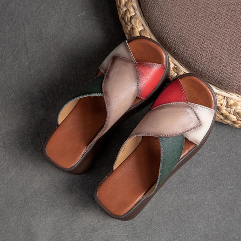 Johnature Retro Women Peep Toe Wedges Slippers Genuine Leather Thick Sole Slides Fashion Platform Shoes