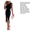 Women Dress Round Neck Sleeveless Slim Fit Summer Dress with Slit Design Solid Color