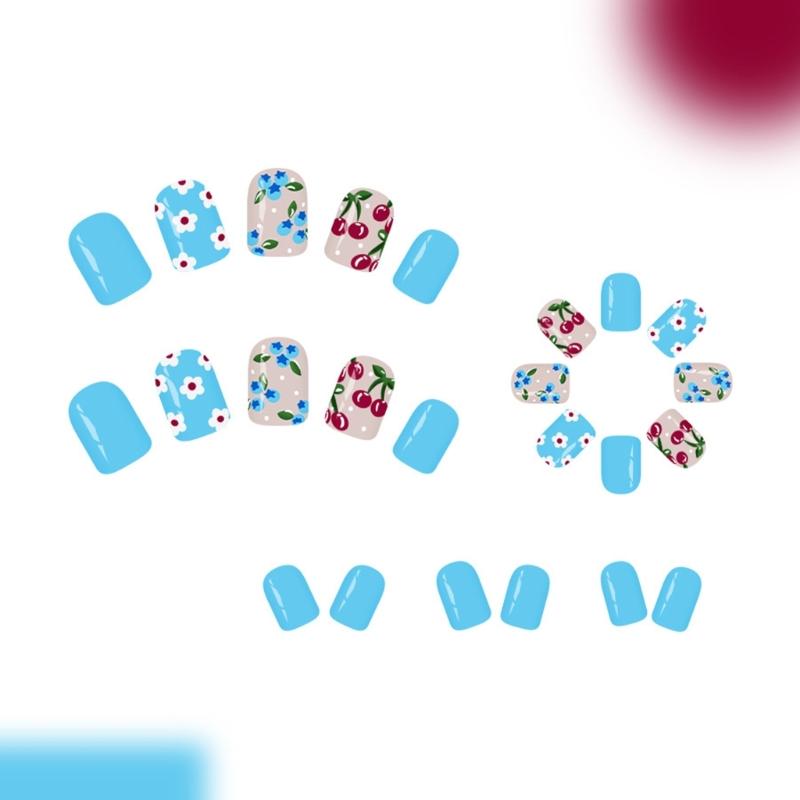 Blue White Floral Blueberry Sweet Design Square False Nail Pack of 24Pieces Artificial Nail Romance Design Easy Apply