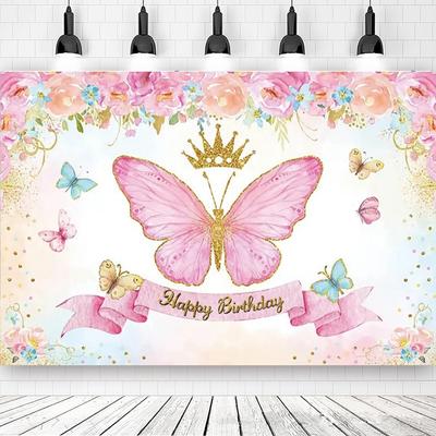 Butterfly Birthday Party Background Girls Fairy Princess Purple Pink Floral Gold Kids Table Banner Decor Photography Bac 661