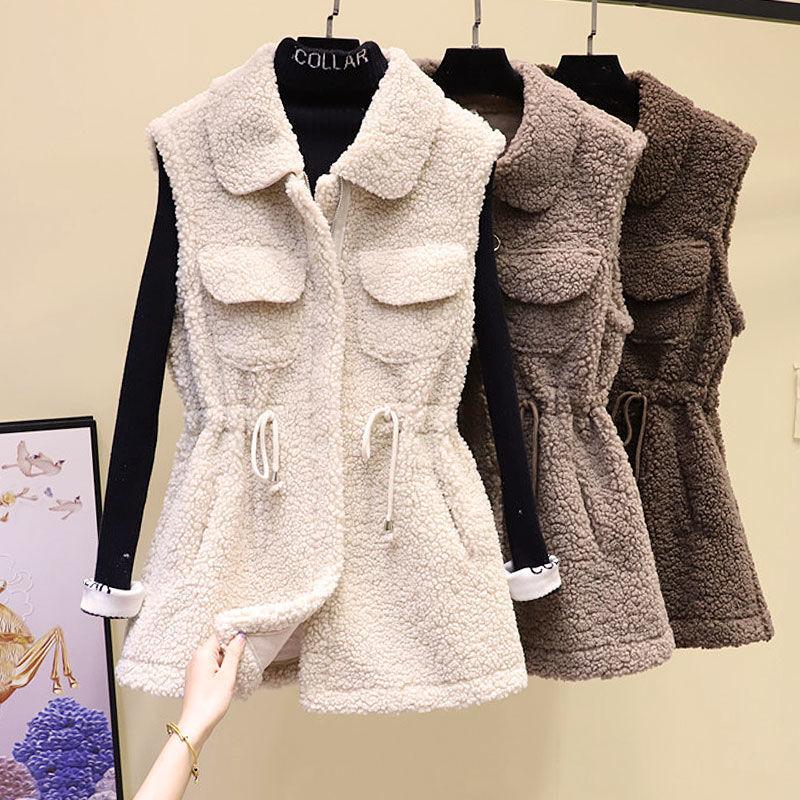 Lamb Wool Waistcoat Jacket Female Autumn and Winter Loose Mid-length Outer Jacket Solid Color Pocket Sleeveless Sweater
