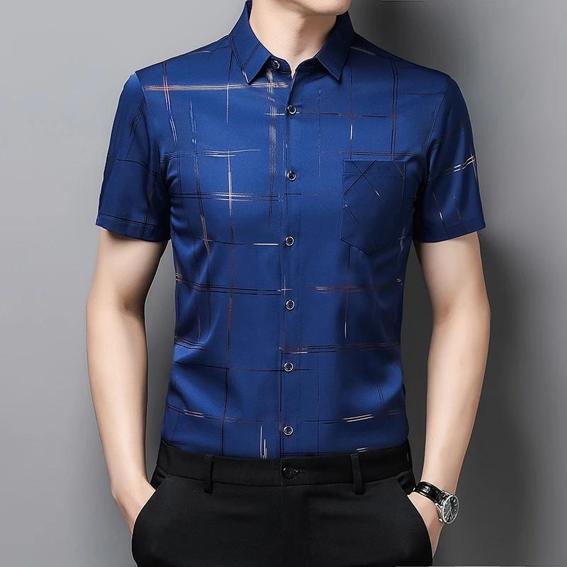 

Men s Business Casual Short Sleeve Shirt New No Iron Wrinkle Resistant Top Easy Care Comfortable Fit for Office And Work 4XL темно-синього кольору