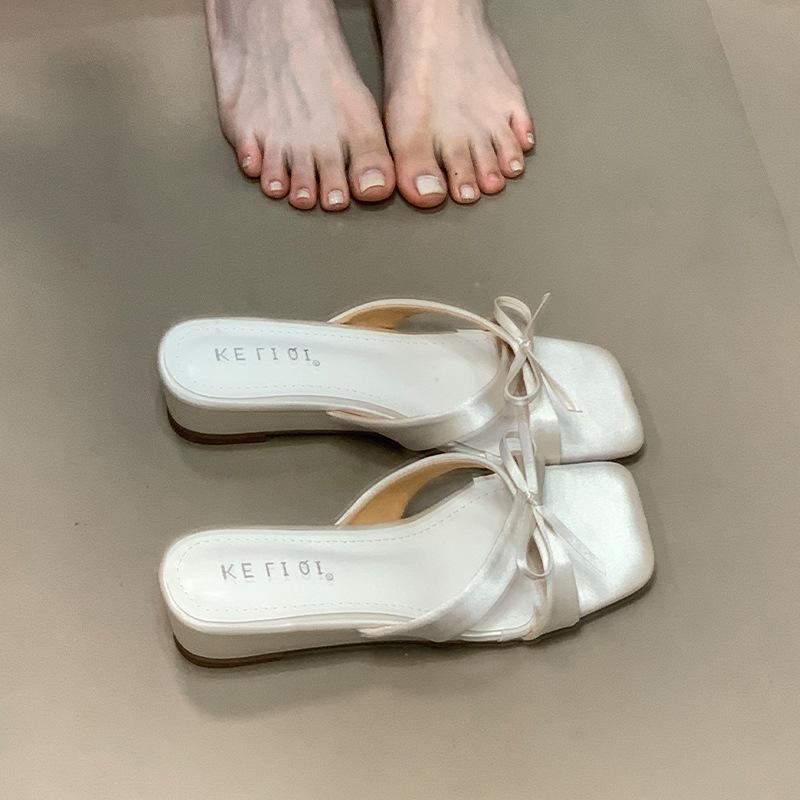 Self-kept Version~ Fairy Wind Square Head Cross One-word Slippers, Female 2025 Summer Bow with Skirt Cool Slippers