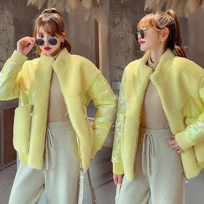 Giacca in cotone con cerniera in puro colore con cerniera in lana di agnello con colletto rialzato corto lucido da donna autunno inverno di nuova moda