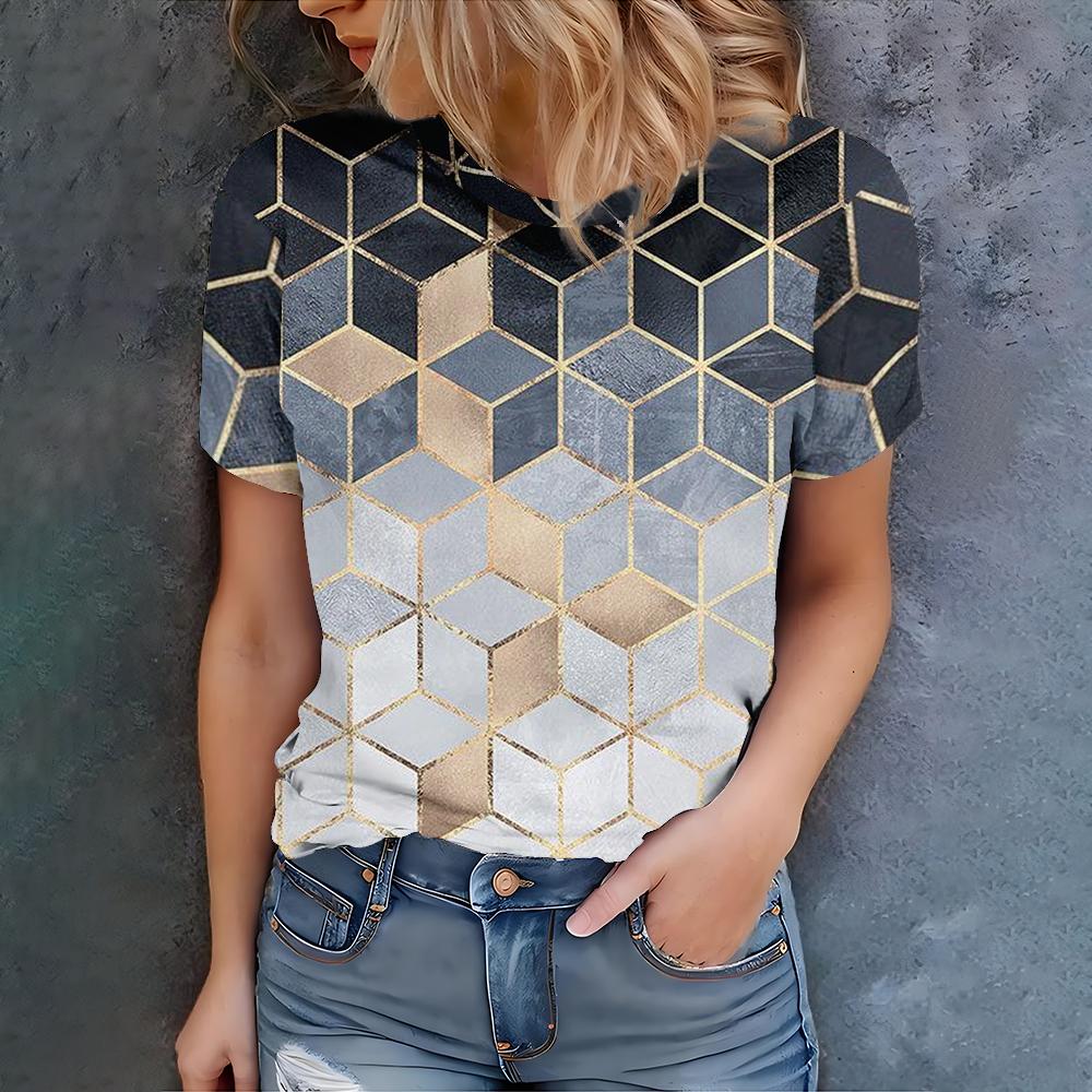 Women s Summer Casual Fashion Abstract Block 3D Printed Short Sleeve Top Women s Street Personalized Elegant T-shirt Top S