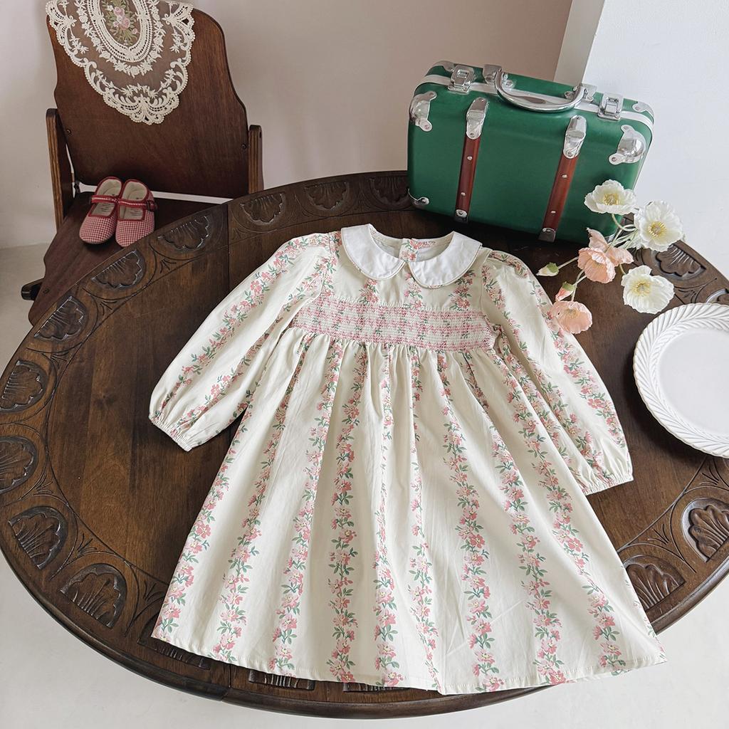 Sweet Girls Spring Dress With Smocked Bodice And Peter Pan Collar Long Sleeve Floral Print Princess Party Dress For Kids
