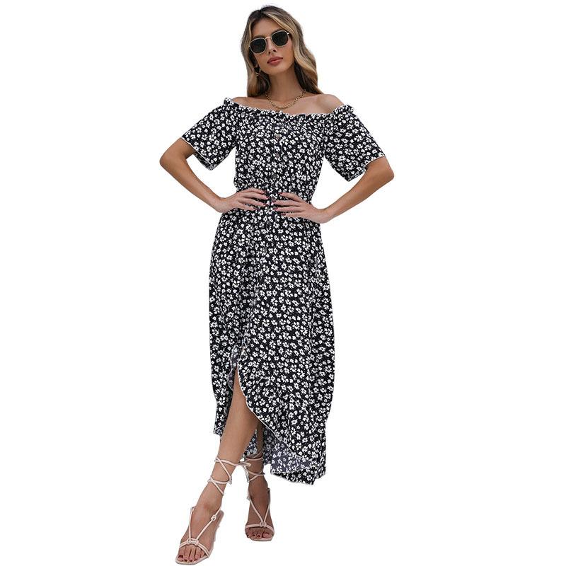 Strandurlaubskleid Sommer Europäische und amerikanische Damenbekleidung kurzärmlig One-Shoulder unregelmäßig bedrucktes Kleid