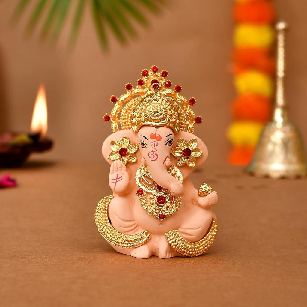 Ganesh Idol Murti Statue for Car Dashboard Gift Ceramic Terracotta Gold Plated Ganesha Ganpati Idols Showpiece