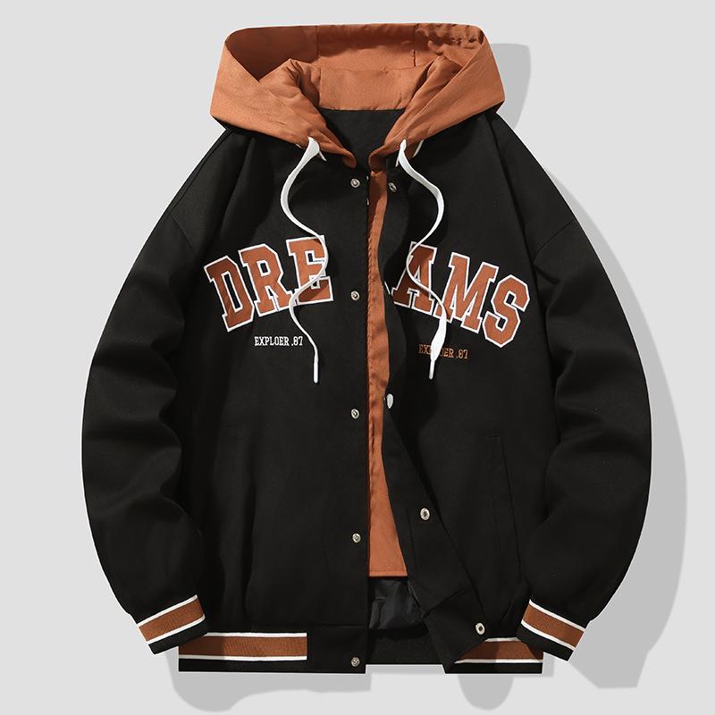 Men's Casual Hooded Jacket - Spring/Autumn 2025 Trendy Embroidered Baseball Style, Fake Two-Piece Design for Couples