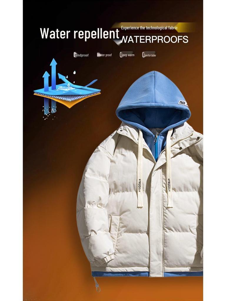 2025 Winter Faux Two-Piece Hooded Cotton Jacket - Unisex Warm, Trendy, Casual Bread Coat