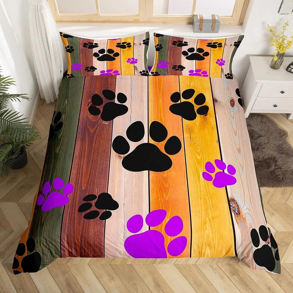 Dog Paw Print Duvet Cover Watercolor Gradient Puppy Footprints Comforter Cover with 2 Pillowcases,Funny Pets Animal Quilt Cover