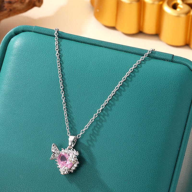 [Micro-Set Pink Zircon Titanium Steel Necklace Sweet Light Luxury Fashion Choker Jewelry]