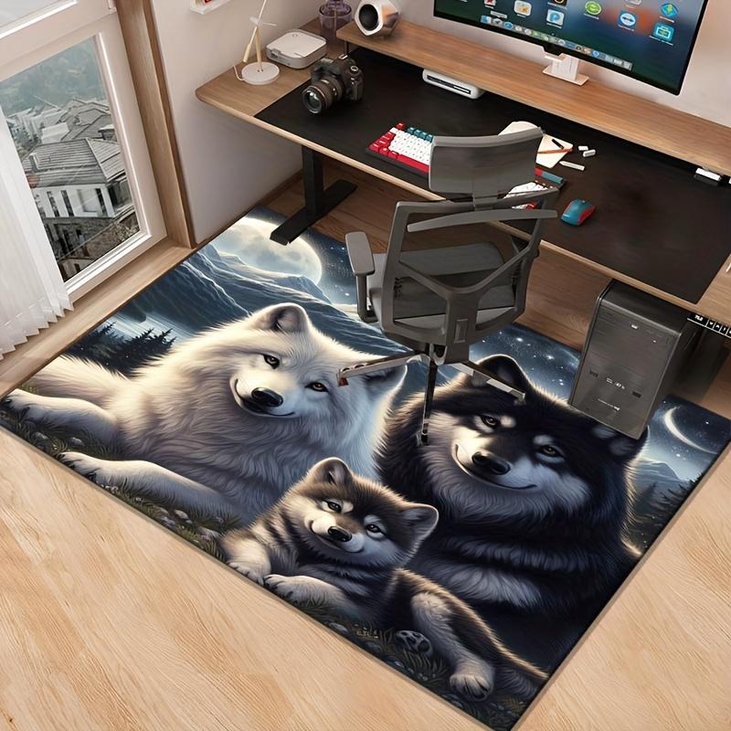 Wolf Family Rug for Nature Enthusiasts | 3D Animal Print Carpet | Wildlife Themed Living Room Decor Skid resistant carpet