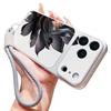 Black Lotus Floral Leather Lanyard Case For iPhone 18 Pro Max Hybrid TPU+PU Anti-skid Soft Cover For iPhone 17 16 15 14 13 Pro Max