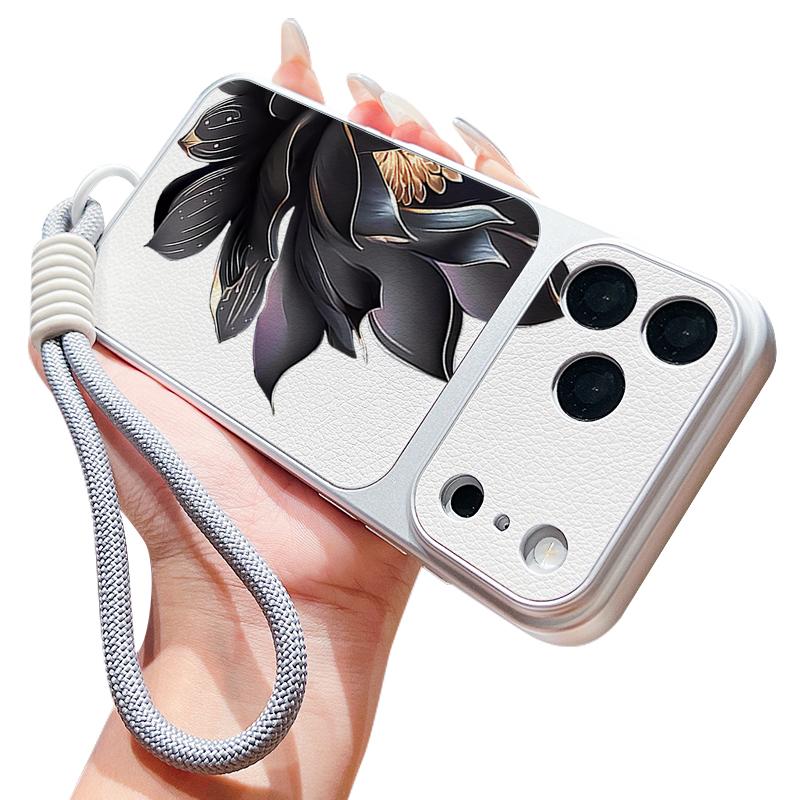 Black Lotus Floral Leather Lanyard Case For iPhone 18 Pro Max Hybrid TPU+PU Anti-skid Soft Cover For iPhone 17 16 15 14 13 Pro Max