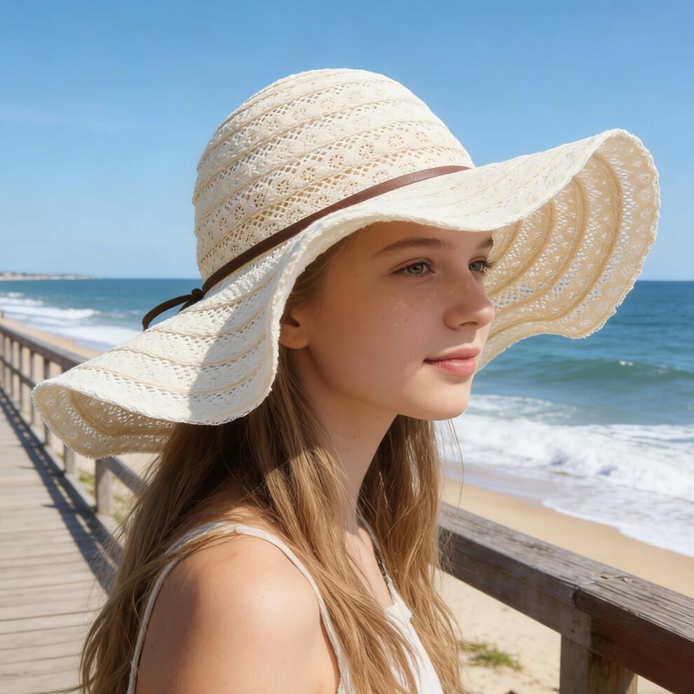 (Einheitsgröße, beige) Damen Sommerstrohhut Eleganter Floppy-Hut mit breiter Krempe Strandkappe Leichter Spitzen-Sonnenhut