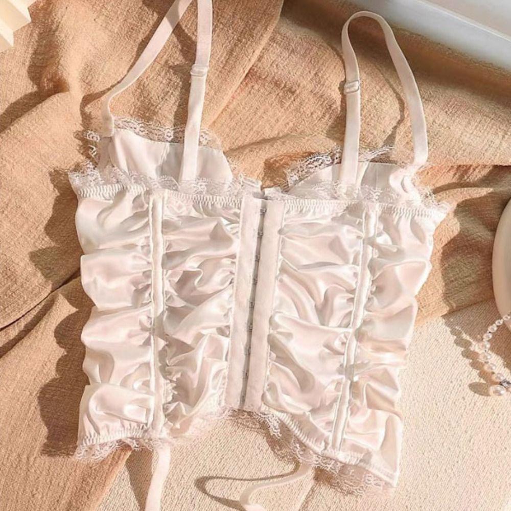 Sleeveless Lace Flower Camisole Mesh Transparent Suspender Vest Satin Lace-up Corset Travel