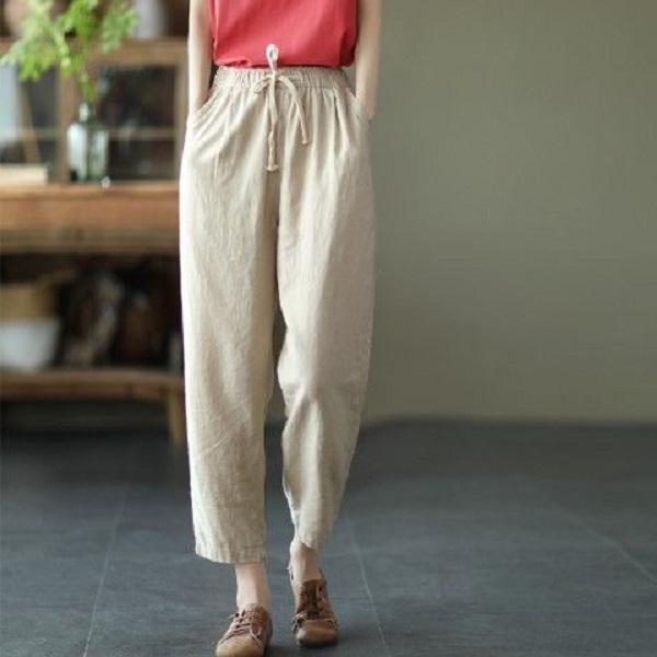 Cotton and Linen Pants, Women's Elastic Waisted Loose Casual Pants, Summer Retro Slimming, Lace Up Carrot Harem Pants