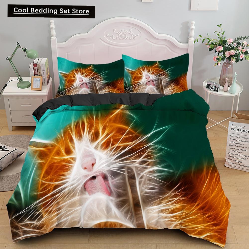 3D Cat King Queen Duvet Cover Cute Cartoon Kitty Bedding Set for Kids Teens Adults Pet Animal White 2/3pcs Polyester Quilt Cover