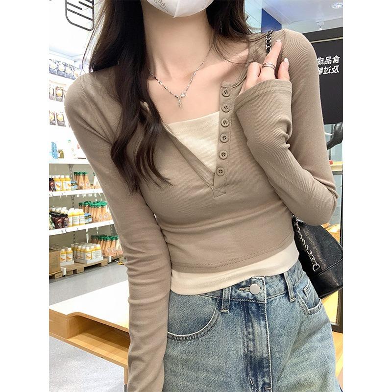 Pink age-reducing collar fake two-piece long-sleeved shirt women's bottoming shirt spring sweet and spicy slim-fitting short top