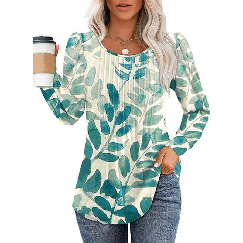GMXIA Women's Fashion Casual Solid Color Print Long Sleeve O Neck Blouses & Shirts