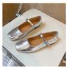 Leather One-word Belt Silver Mary Jane Shoes Light Mouth Round Head Single Shoes Women's 2025 Spring New Women's Shoes Korean Version Trend